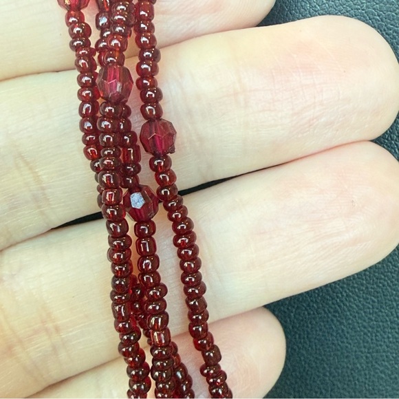 Multi Strand Red Seed Bead Necklace & Dichroic Art Glass Pendant - adjustable - Picture 6 of 7